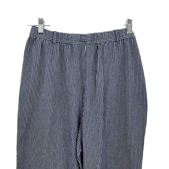 Vtg Petite Blue White Engineer Striped High Waisted Crop Pants PS Elastic Waist - Picture 7 of 9